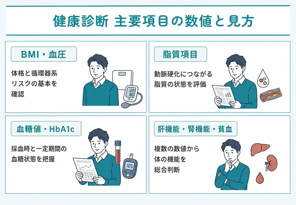 健康診断の数値の見方を主要項目ごとにまとめて確認