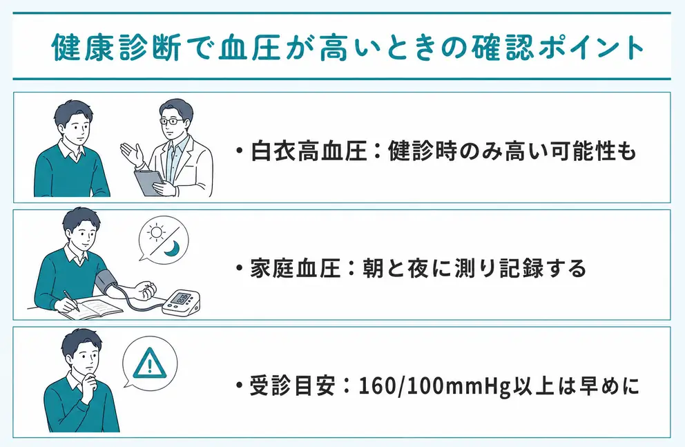 健康診断で血圧が高いときは測定条件と家庭血圧を確認する