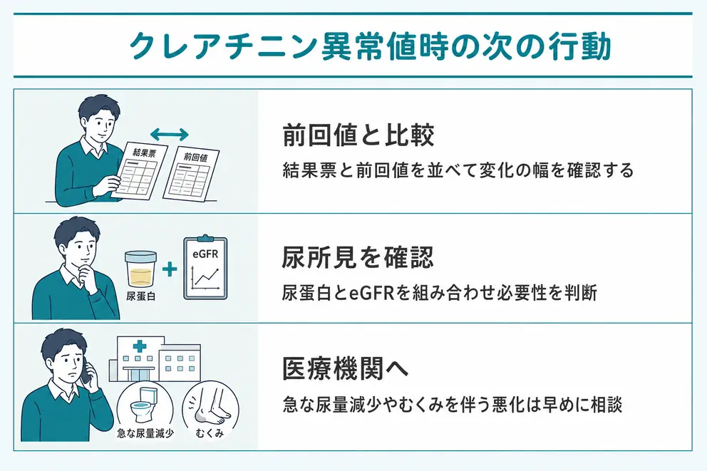 腎機能の数値が外れたときは前回値と尿所見から次の行動を決める