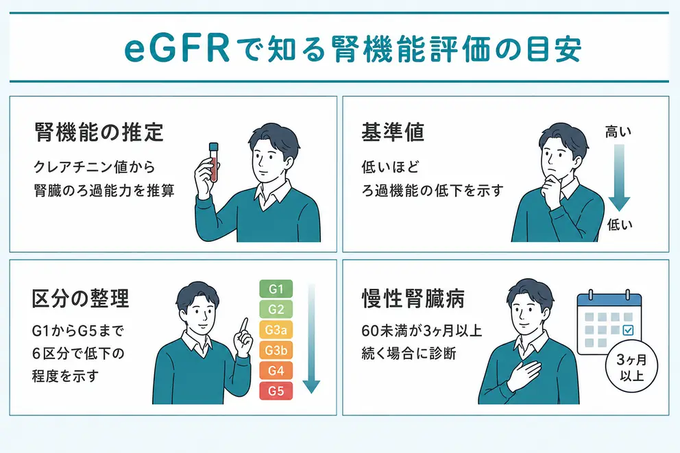 eGFRの数値が低いときは60未満と3か月を超える持続を確認する