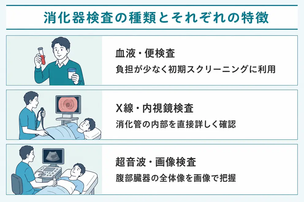 消化器系検査の種類は血液・便・内視鏡・画像検査に分けられる