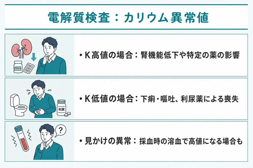 カリウムの高値と低値は腎機能と薬と体外への喪失を確認する