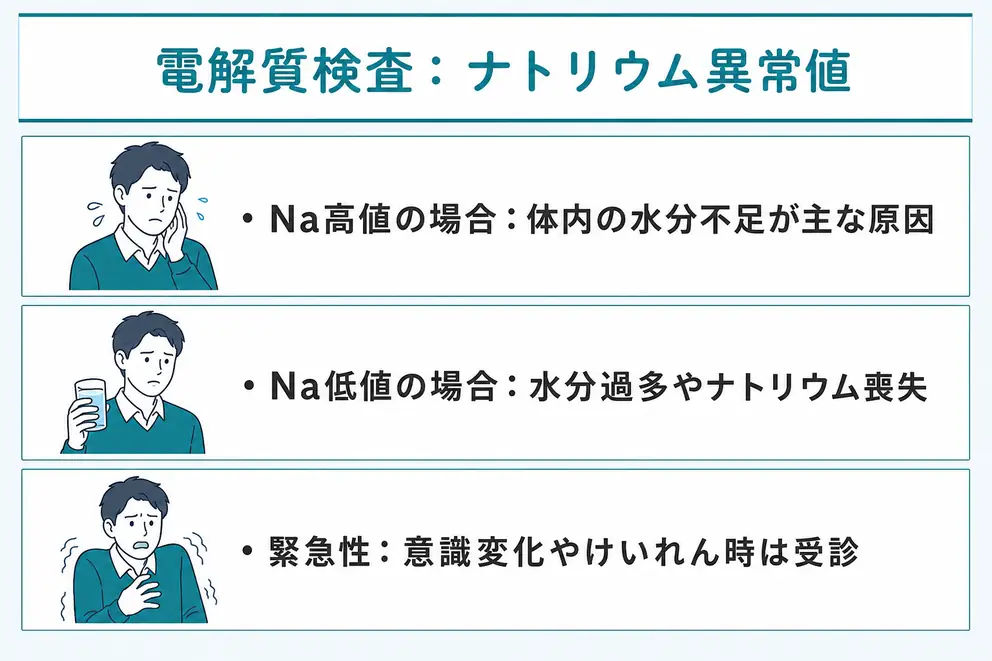 ナトリウムの高値と低値は水分量の乱れを中心に確認する