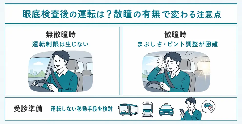 散瞳を伴う眼底検査後は車の運転を避ける