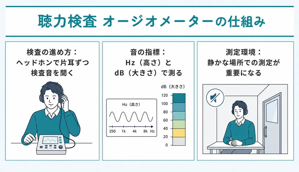 オージオメーター検査は左右の耳で純音が聞こえるかを調べる