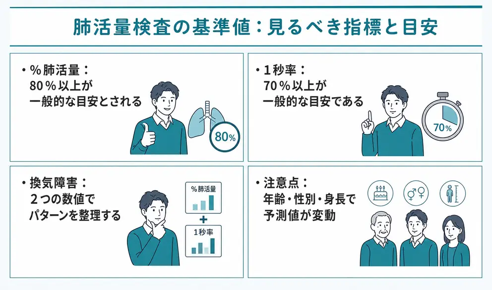呼吸機能検査の基準値は％肺活量と1秒率を中心に確認する