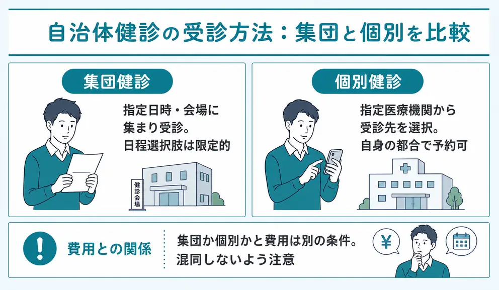 集団健診と個別健診は受診場所と予約方法が異なる