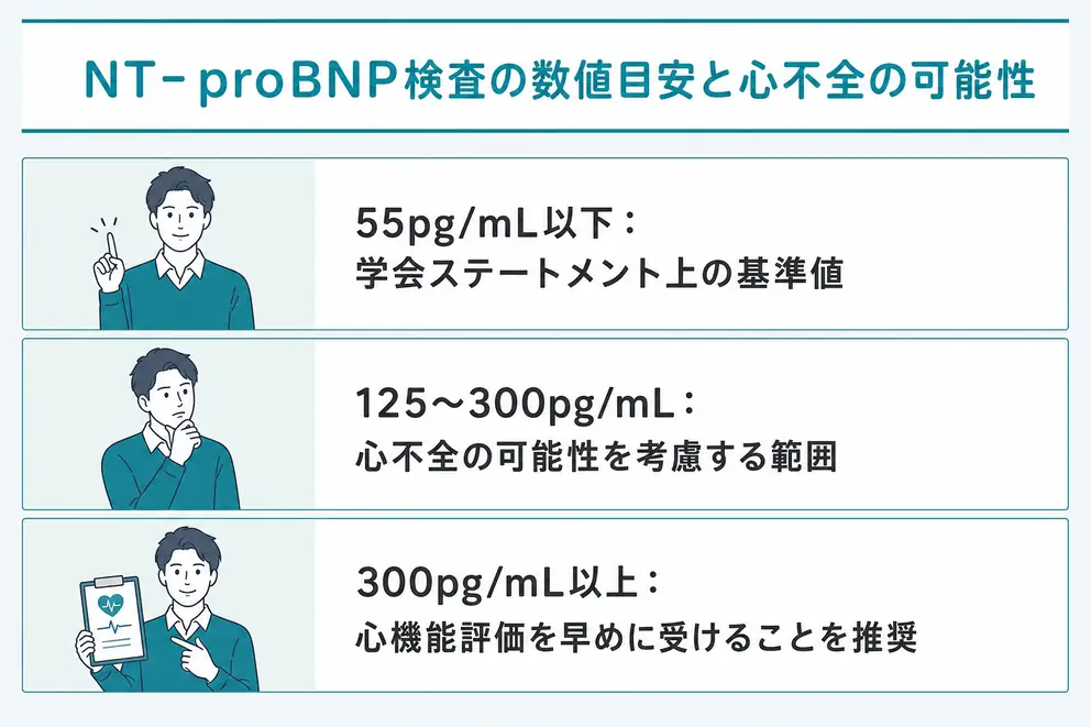 NT-proBNPは55・125・300・900pg/mLを目安に段階的に読む