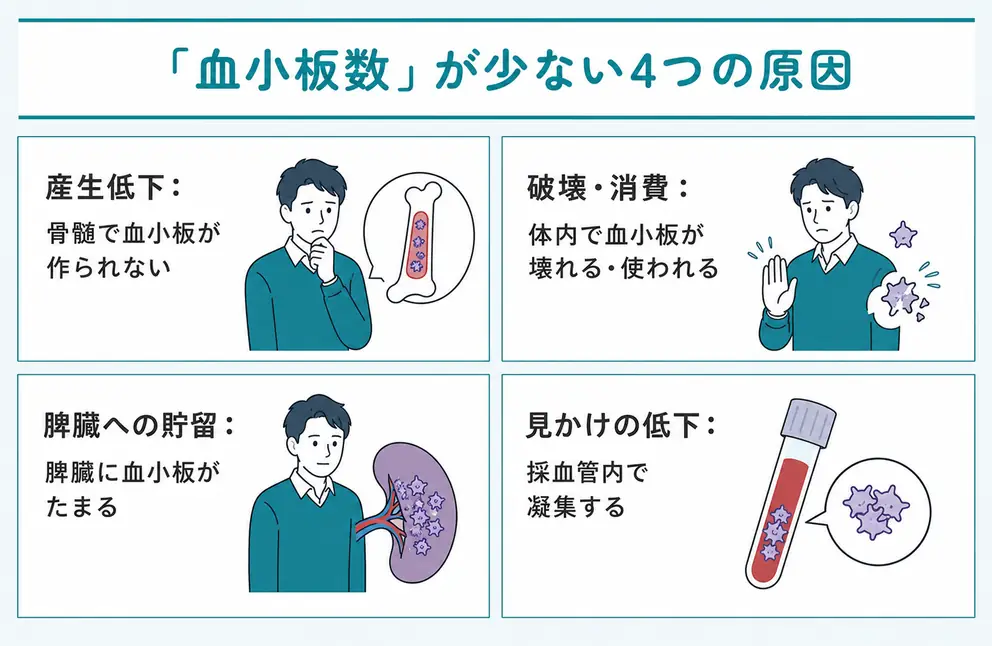 血小板が少ない原因は4つの仕組みに分けられる