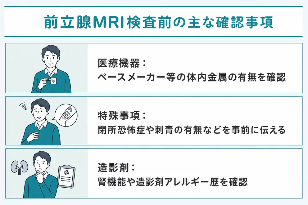 前立腺MRI検査では体内金属と造影剤の使用を事前に確認する