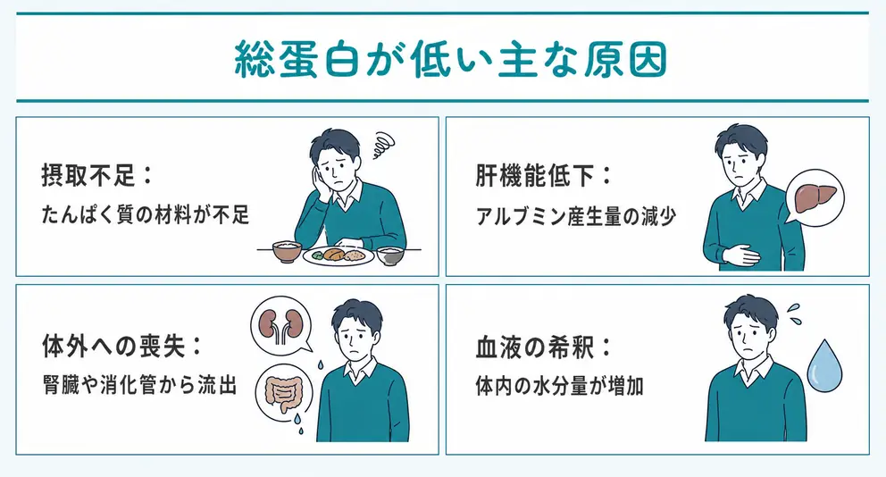総蛋白が低い原因は産生低下と体外への喪失と血液の希釈
