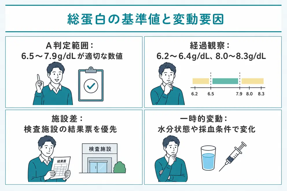 総蛋白の基準値は2026年度判定区分で6.5～7.9g/dL