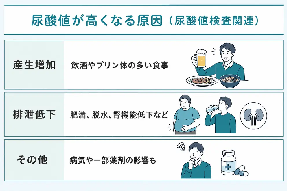 尿酸値が高い原因は尿酸の産生増加と排泄低下に分けて考える