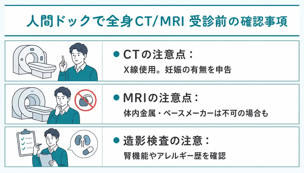全身CTや全身MRIを受ける前は被ばくや体内金属などを確認する