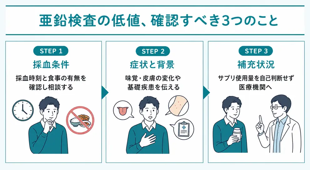 亜鉛検査が低値だったときは3点を順に確認する